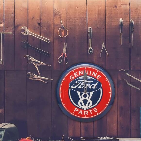 Official Ford V8 Genuine Parts Round Embossed Metal Hanging Wall Clock Collector - Picture 2 of 7